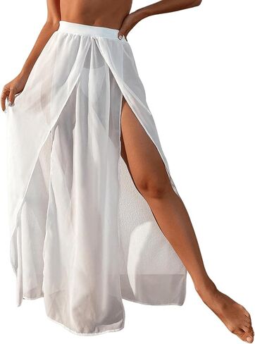 SweatyRocks Women's High Waist Split Thigh Cover Up Skirt Sheer Beach Long Skirt Swimwear in Saudi Arabia