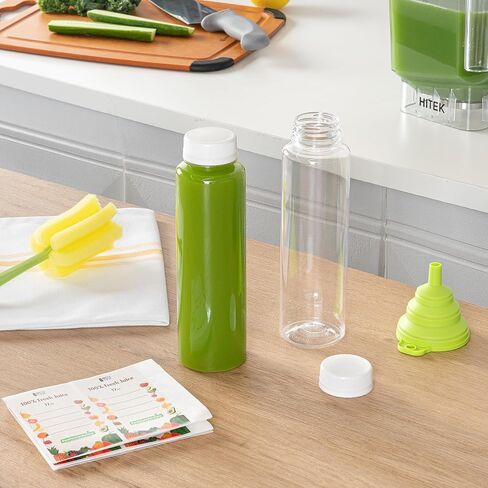 Restaurantware Bottle Tek 16 Ounce Juice Bottles For Juicing, 10 Sets Of Bottles With Caps - Includes Labels, Lids, Brush, And Funnel, Clear Plastic Empty Juice Containers, For Smoothies, Milk, Tea in Saudi Arabia