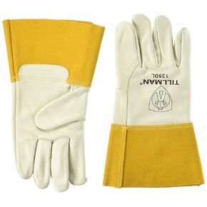 John Tillman and Co Tillman Large 12" Pearl and Gold Heavy Duty Top Grain Cowhide Unlined MIGTIG Welders Gloves with 4" Cuff and Kevlar Thread Locking Stitch (Carded), pearl/tan