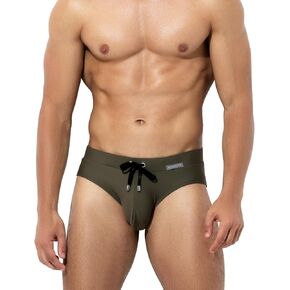 Arjen Kroos Men's Swim Briefs Sexy Bikini Solid Swimwear Men Swimsuit Low Waist Swimming Briefs with Drawstring (Army Green,S)