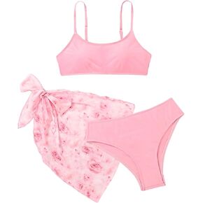 OYOANGLE Girl's 3 Piece Bathing Suits Spaghetti Straps Wireless Mid Rise Swimsuits with Mesh Cover Up Skirt