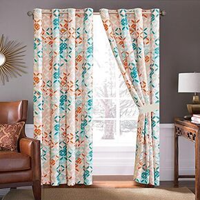 4 Piece Turquoise Blue/Orange/Grey Patchwork Microfiber Curtain Set 108 inch Wide X 84 inch Long (2 Window Panels, 2 Ties)