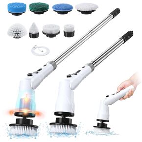 Electric Spin Scrubber, Electric Bathroom Scrubber with Long Handle, 2.5H Work Time, 2 Adjustable Speeds, LED Display and 8 Brush Heads, Power Shower Scrubber for Bathroom, Tub, Tile, Floor