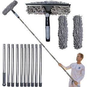Squeegee Window Cleaner Duster 2 in 1 Rotatable Window Cleaning Tool Kit with 3-14 ft Extension Pole - Window Cleaning Tool & Window Washer Squeegee for Home Indoor Outdoor Window Washing