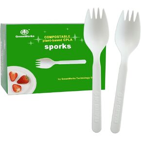 Compostable CPLA Sporks,100 Count 5.5" Disposable Cutlery Spork (Spoon Fork)