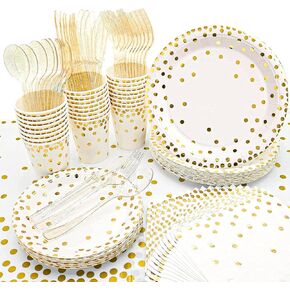 201PCS Disposable Paper Plates Gold Party Supplies, Golden Polka Dots Birthday and Baptism Decorations, include Plates and Cups, Napkins, Plastic Tablecloth, for Baby Shower Wedding