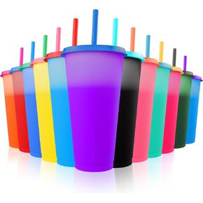 Color Changing Cups with Lids and Straws 12pcs, 24Oz - Reusable Cups with Lids in 12 Multicolors - Perfect for Cold Coffee, Smoothie etc.