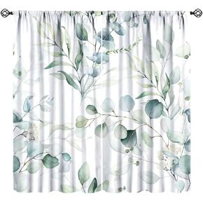 Eucalyptus Leaf Curtains, Watercolor Floral Spring Botanical Green Plants Herb Print Rod Pocket Blackout Window Treatment for Farmhouse Cafe Bedroom 42x45 Inch