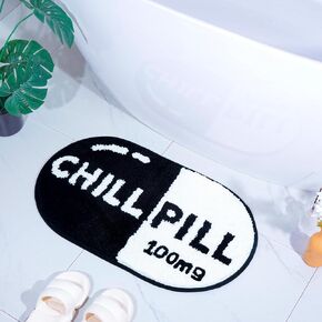 Cute Chill Pill Bath Mat Small Black and White Bathroom Rugs Fluffy Bath Mat for Tub Non Slip Water Absorbent Machine Washable Rug for Bedroom Kitchen Living Room, 28 * 16 Inch