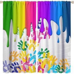 Girls Rainbow Blackout Window Curtains with Rainbow Pigment Colorful Handprint Pattern Decoration Insulate Rod Pocket Curtains for Bedroom Living Room Kids Room 42X45in