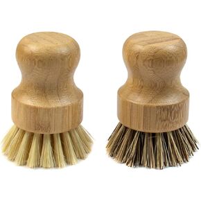 AUEAR, Natural Bamboo Dish Scrub Brush Cleaning Brush Pot Scrubber Brushes Coconut Bristles for Cast Iron Skillet Pots Pans (2-Pack, Deep Color)