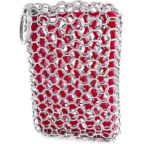 Cast Iron Chainmail Scrubber with Red Silicone Insert Chainmail Scrub Easy to Grip,Cast Iron Pan Cleaner -316 Chain Metal Sponge for Cast Pan Skillet Scrubber