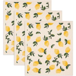 Swedish Dishcloths 3 Pack Yellow Lemons Print, Reusable Sponges Kitchen Cleaning Cloth Dish Scrubber, Machine Washable, Measures 7.87"x6.88 inches.