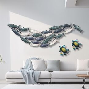 jvsufuik Large Metal Fish Wall Art, Coastal Fish Wall Art Decor,Wall Sculptures Fish with 2 Metal Turtles, Metal Fish Wall Decor Outdoor Indoor Nautical Wall Decor For Living Room, Size 59" X 17.3"