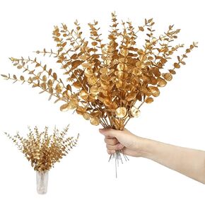 30 PCS Artificial Eucalyptus Stems Gold Faux Eucalyptus Spray Fake Leaf Stem Fall Decor Plants for Party Wedding Flower Arrangement Home Farmhouse DIY Arrangement Home Fireplace(Glod)