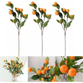 CAPRIZ 3pcs Artificial Tangerine Branches 24.8inch Vivid Faux Orange Branch Faux Orange Stems with 6 Heads for Vases Fake Fruit Props with Green Leaves for Home Party Decor