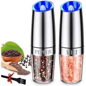 Automatic Salt and Pepper Grinder Set (2pc). One Hand Operation, Adjustable Coarseness, Blue LED Light, Battery Operated, Kitchen Accessories (Black) (Silver)