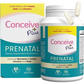 CONCEIVE PLUS Prenatal Vitamins for Women - DHA, Choline + Folate, Healthy Pregnancy, Non-GMO, Pregnancy Multivitamin - 30 Days Supply, 60 Capsules