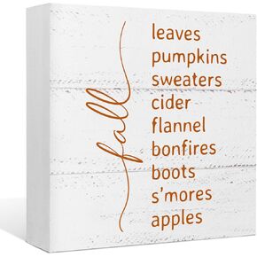 Fall Wooden Signs Decor Fall Leaves Pumpkin Autumn Harvest Thanksgiving Seasonal Wood Box Sign Desk Decor,Rustic Fall Wooden Block Sign for Home Farmhouse Wall Tabletop Shelf Decor 5x5 Inch