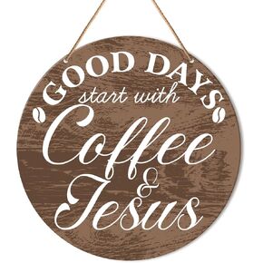 Muktoujaumai Coffee Bar Sign Decor, Coffee Hanging Signs Decor Coffee Station Rustic Sign Wall Decorations for Kitchen, Cafe, Coffee Corner, Good Days Start with Coffee & Jesus