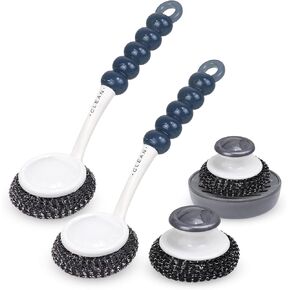 Stainless Steel Sponge Wool Scrubbers, Dish Metal Scrubber Dishwashing Sponge Dishes Scrub, Handheld Scrubbing Cleaner Brush Scouring Pad with Handle and Tray for Kitchen Cleaning 5 Pack (Grey)