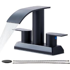 Brushed Nickel Waterfall Bathroom Faucet,2 Handle Stainless Steel 4 inch Bathroom Sink Faucet Modern Waterfall Spout Faucet Lead-Free Bathroom Sink Faucet with Supply Hoses and Pop-up Drain