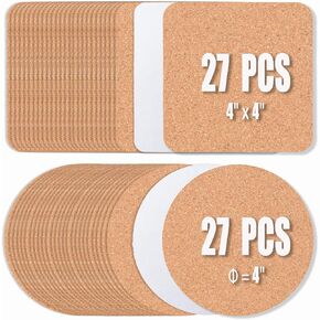 54 Pcs Cork Coasters 4 Inches with Adhesive, Cork Sheets Mats Bulk for Drinks, Plants, DIY Crafts, Office, 27 Pcs Curved-Edge Squares Cork Tiles and 27 Pcs Round Cork Pads (4"x 4", 54pcs)