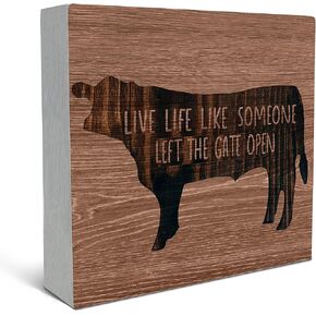 Live Like Someone Left The Gate Open Wood Box Sign Desk Decor，Farmhouse Cow Silhouette Wooden Block Box Sign Decoration For Home Bedroom Living Room Shelf Table Decor