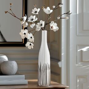 Torre & Tagus Flare 13" Tall Ceramic White Vase for Flowers - Modern Flower Vases for Centerpieces, Ceramic Round Vase for Home Decor, Table Decorations or Wedding Table Decor (13" White Silver Vase)