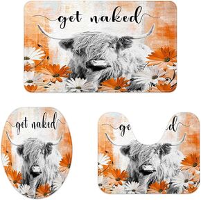 Farmhouse Highland Cow Bath Mat Set, Teal Bathroom Rugs Sets 3 Piece,Western Bathroom Rugs Non Slip Washable, Get Naked Teal Floral Country Cute Cow Bathroom Rug and Toilet Lid Cover