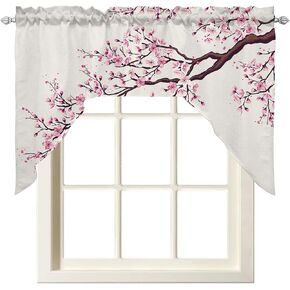 Cherry Blossom Kitchen Curtains Swag Valance for Windows/Bathroom/Cafe, Rod Pocket Drape Panel Swag Curtains Valance for Bedroom/Living Room 55''x36'' Pink Asian Japanese Burlap Beige