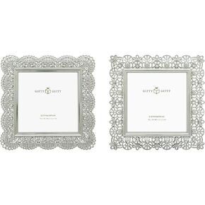 Square Lace Photo Frame Set/Set of 2 / 4x4 In | For Tabletop Display | Perfect for Home Decor, Wedding, Graduation, Or Milestone Photos (Silver)