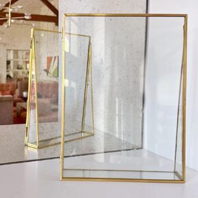 QQP 6x8 Gold Floating Picture Frame Real Metal Brass & Glass Photo Frame Ornaments with Angled Stand Tabletop Shelf Display for Pictures, Flowers Art, Keepsakes, Home Office Wedding Décor