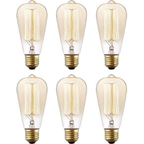 6 Pack, 25 Watt Vintage Edison Light Bulb with Squirrel Cage Filament, 110~130 Volts, E26 Base