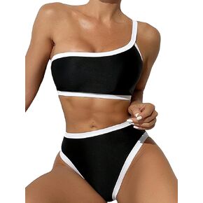 SweatyRocks Women's 2 Piece Bikini Set Color Block One Shoulder Bathing Suit High Waist Swimsuit