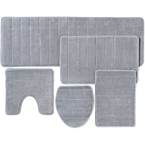 Bath Mats for Bathroom Floor 5-Piece Set - Bathroom Rugs Set, Shower Mat, Toilet Rug, Bathroom Accessories - Thick Soft Memory Foam, Water Absorbent Bathmat, Non Slip Back - Gray