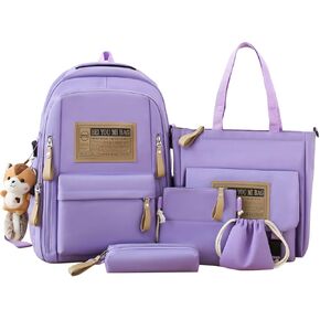Kawaii Canvas Backpack Set - 5 Pieces Student Pack with Cute Squirrel Accessories, Ideal Schoolbag for Teen Girls, Essential Back to School Gear, A Black