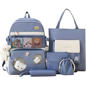 5Pcs Kawaii Backpack Cute Backpack for School Aesthetic Backpack Kawaii School Supplies Backpack Set with Accessories (Black)…