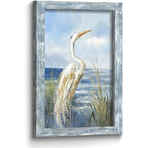 Coastal Sea Bird Wall Art: Framed Blue Ocean Scene Picture Heron on Beach Wooden Painting Artwork Modern Bedroom Bathroom Living Room Wall Decoration Home Office Decor 24"x16"