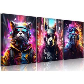QGNBGBJ Framed Gaming Posters Colorful Graffiti Animals Wall Decor Gamer Earphone Canvas Wall Art Watercolor Cat Dog Lion Pictures Prints for Teen Boys Children Game Room Painting(12x16in)