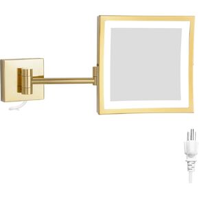 DOWRY Wall Mounted LED Lighted 5X Magnifying Square Makeup Mirror with Plug,8 Inch, Polished Gold Finished Dowry1802D-8x5