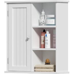 Treocho Bathroom Wall Cabinet, Medicine Cabinet with Door and 3 Open Shelves, Wall Mounted Storage Organizer for Bathroom, Kitchen, Living Room, Black