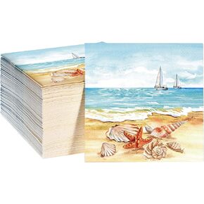 100 Pcs Nautical Beach Guest Napkins Summer 3 Ply Disposable Paper Beach Disposable Guest Towels Beach Dinner Napkins with Starfish Sea Shore Design for Summer Holiday Party Tableware Supplies