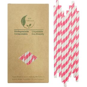 Black Striped Paper Straws, Pack of 100 Black White Stripes Paper Straws, 100% Biodegradable Disposable Drinking Straws for Restaurants, Juices, Smoothies