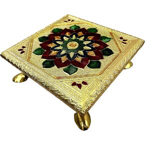 zig zag Wooden Minakari Pooja Chowki | Decorative Wooden Bajot | Flower Choki for Pooja at Home, Wedding, Festivals & Gifts, 5 Inch Golden