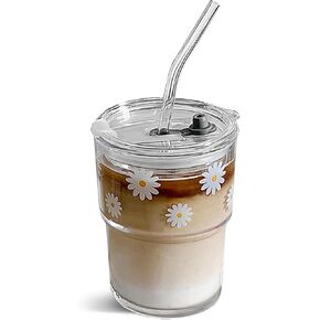 13oz Glass Tumbler with Glass Straw and Lid, Iced Coffee Cups Reusable, Water Cup, Coffee Tumbler, Glass Coffee Mugs, Drinking Glass Cups (Bon Appétit)