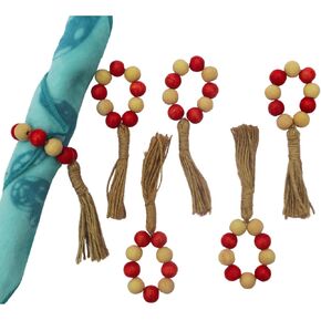 Wood Bead Napkin Rings Set of 6, with Tassels Fall Wooden Bead Napkin Ring Holders Garland Farmhouse Beaded Napkin Buckle Thanksgiving for Christmas Table (Red,and Natural Wood)