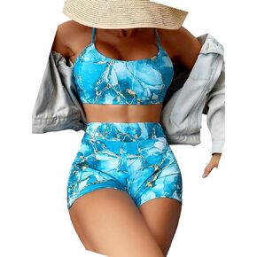 Floerns Women's Tie Dye Ruched Bikini Sets 2 Piece Bathing Suit High Waist Swimsuit with Shorts Blue Marble