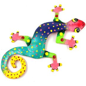 Global Crafts 8" Painted Gecko Recycled Haitian Metal Wall Art (Blue Green with Pink Head)