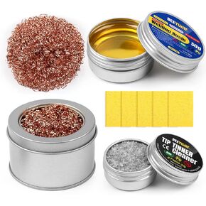 Soldering Tip Cleaning Kit Rosin Paste Flux and Soldering Tip Cleaner and 2 Pcs Brass Cleaning Wire and 1 Pcs Holder and 5Pieces Sponge for Cleaning Solder Iron and Tips